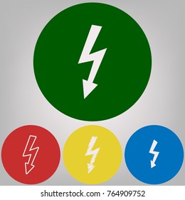 High voltage danger sign. Vector. 4 white styles of icon at 4 colored circles on light gray background.