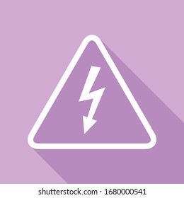 High voltage danger sign. White Icon with long shadow at purple background. Illustration.
