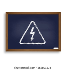 High voltage danger sign. White chalk icon on blue school board with shadow as background. Isolated.