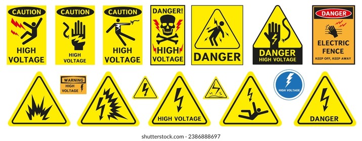 High voltage danger signs. Prevention of injury from high voltage. Vector graphics. EPS 10.