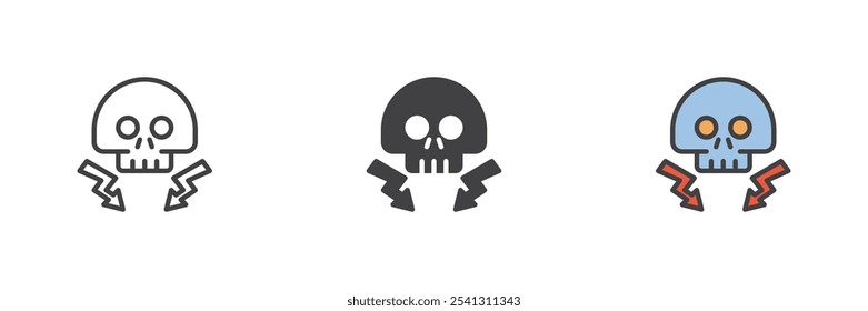 High voltage death skull different style icon set. Line, glyph and filled outline colorful version, outline and filled vector sign. Danger electricity symbol, logo illustration. Vector graphics