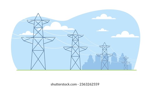 High voltage distribution grid supports transmit electrical power to city. Electric transmission. Industrial landscape. Lines and towers. Cartoon flat style isolated vector concept