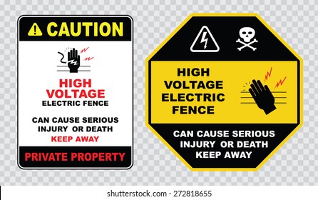 high voltage electric fence sign or electrical safety sign (high voltage electric fence, can cause serious injury or death, private property)
