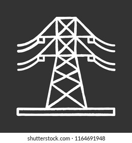 High voltage electric line chalk icon. Powerline. Electric power pylon. Transmission tower. Isolated vector chalkboard illustrations