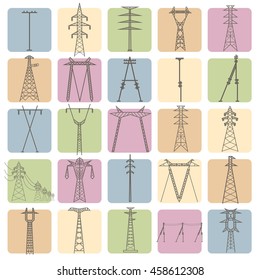 High voltage electric line pylon. Icon set suitable for creating infographics. web site content etc. Vector illustration