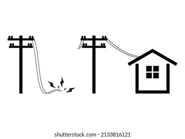 High Voltage Electric Pole Transmit Electricity To Home With Wire Broken Damaged And Short Circuit With Fire Spark On White Background Flat Vector Icon Design.