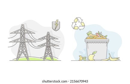 High voltage electric tower and waste recycling. Renewable energy concept. Ecology and environment related symbols vector illustration