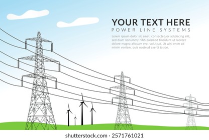 high voltage electric transmission tower, Power line system, electricity pole, Energy pylon, Wind turbine, Network of interconnected electric. City electricity infrastructure on green field landscape