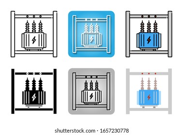 Hochspannungs-Elektrotransformator-Symbol einzeln auf weißem Hintergrund für Webdesign
