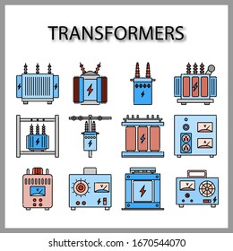 High voltage electrical transformer and Power supply icon set isolated on white background for web design