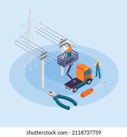 High voltage electricians in the cable car doing maintenance isometric 3d vector illustration concept banner, website, landing page, ads, flyer template