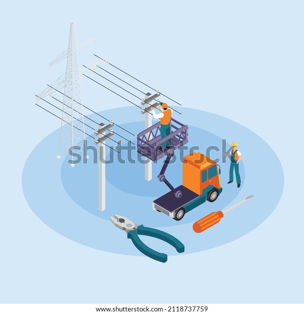 High voltage electricians in the cable car\
doing maintenance isometric 3d vector illustration concept banner,\
website, landing page, ads, flyer\
template