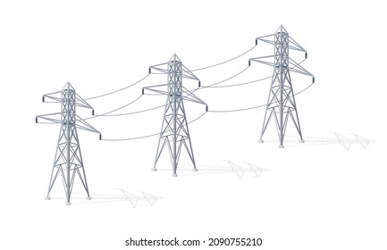 High voltage electricity distribution grid pylons. Flat vector illustration of utility electric transmission network providing energy supply. Electrical power lines isolated on white background.