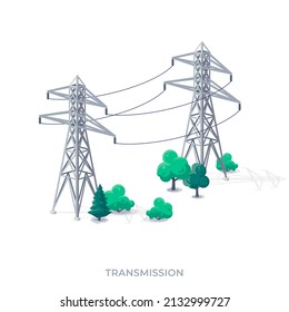 High voltage electricity distribution grid pylons. Flat vector illustration of utility electric transmission transformer network providing energy supply. Electrical power lines.
