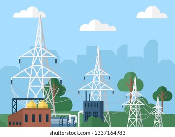 High voltage electricity distribution grid pylons. Electrical power lines in nature background. Flat vector illustration of utility electric transmission transformer network providing energy supply