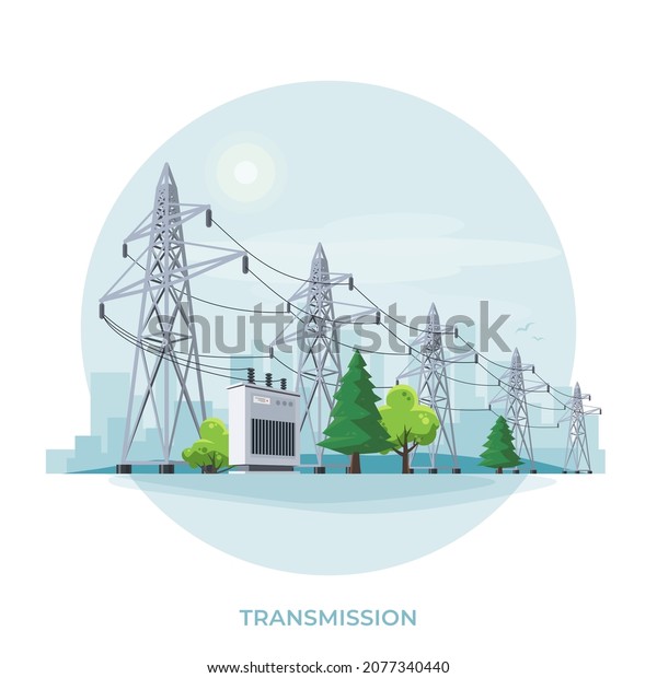 High voltage electricity distribution grid\
pylons. Flat vector illustration of utility electric transmission\
transformer network providing energy supply. Electrical power lines\
in circle background.