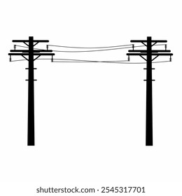 Vetor de polo elétrico de alta tensão. Canais com cabos em fundo branco. Adequado para símbolos de energia elétrica e logotipos de aviso contra choque elétrico