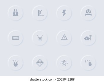 Hochspannungsgraue Vektorsymbole auf Rundknöpfen aus Gummi. Hochspannungs-Icon-Set für Web, mobile Apps, i-Design und Förderung der Unternehmenspolygraphie