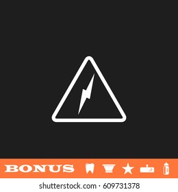 High voltage icon flat. White pictogram on black background. Vector illustration symbol and bonus button tooth, vase, star, mirror, bottle