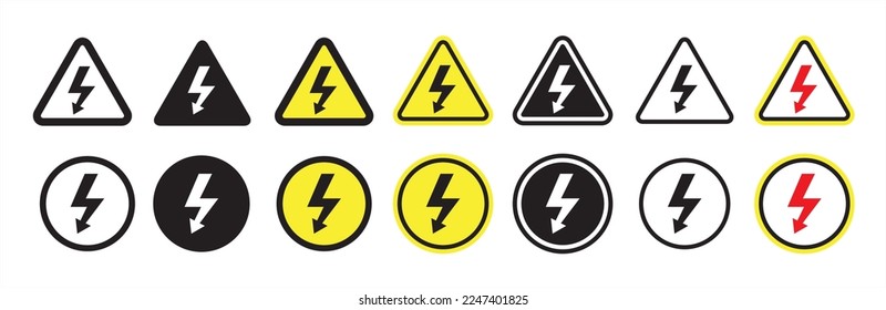 High voltage icon set. High voltage sign in triangle and circle shape. Electric shock risk label. Vector stock illustration.