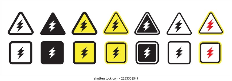 High voltage icon set. High voltage sign in triangle and square shape. Electric shock risk label. Vector stock illustration.