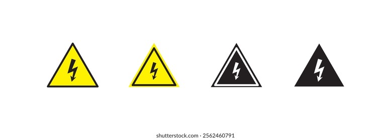 High voltage icon set. High voltage sign. Electric shock risk label. Vector stock illustration. Lightning bolt arrow symbol.