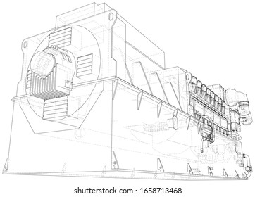 High voltage industrial standby dieasel generator at a power generation. The layers of visible and invisible lines are separated. EPS10 format. Wire-frame.