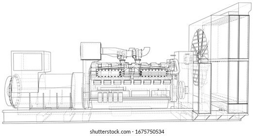 High voltage industrial standby dieasel generator at a power generation. The layers of visible and invisible lines are separated. EPS10 format. Wire-frame.