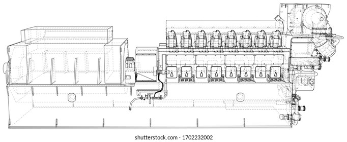 High voltage industrial standby dieasel generator at a power generation. The layers of visible and invisible lines are separated. EPS10 format. Wire-frame.