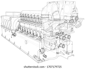 High voltage industrial standby dieasel generator at a power generation. The layers of visible and invisible lines are separated. EPS10 format. Wire-frame.