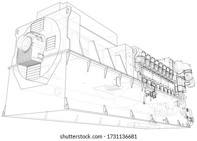 High voltage industrial standby dieasel generator at a power generation. The layers of visible and invisible lines are separated. EPS10 format. Wire-frame.