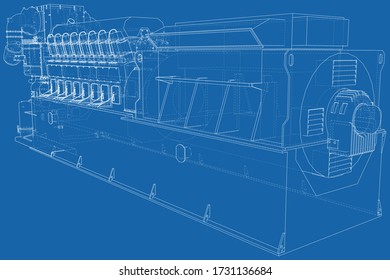 High voltage industrial standby dieasel generator at a power generation. The layers of visible and invisible lines are separated. EPS10 format. Wire-frame.