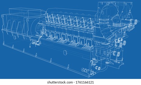 High voltage industrial standby dieasel generator at a power generation. The layers of visible and invisible lines are separated. EPS10 format. Wire-frame.