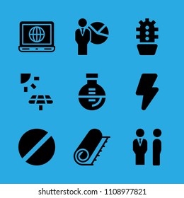 high voltage, laptop, flask, cactus, presentation, carpet, prohibited, managers and solar panel vector icon. Simple icons set