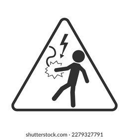 High voltage lightning triangle safety sign, black outline electric danger electric power warning label isolated image with illustration man hold wired and electrocuted