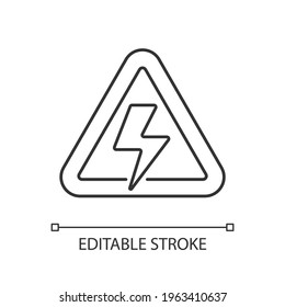 High voltage linear icon. Precaution for power outage. Danger label for electricity. Fire safety. Thin line customizable illustration. Contour symbol. Vector isolated outline drawing. Editable stroke