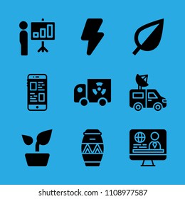 high voltage, plant, television, presentation, drum, leaf, van, smartphone and transportation vector icon. Simple icons set