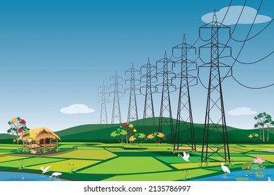 high voltage pole on paddy field at countryside vector design