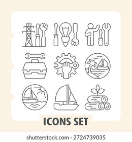Poste de alto voltaje, caja de herramientas, iconos simples de embarcaciones de mar establecidos con viajes, industria, artículos de innovación en estilo de contorno para App de Web e impresión sobre fondo blanco. Gráficos de Vector. Conjunto de nueve iconos de línea delgada