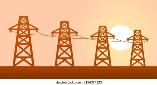 High voltage power electric pole silhouette shadow with twilight sun evening sunset orange background flat vector design.