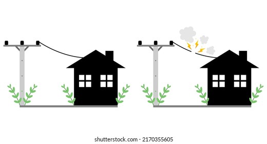 High voltage power electric pole transmit electricity to house with wire broken damaged and short circuit with fire spark on white background flat vector icon design.
