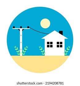 Poste eléctrico de alta tensión transmiten electricidad a la casa de la construcción de la ciudad con sol amarillo en el icono de círculo diseño de vector plano.