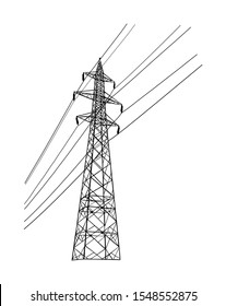 High voltage power line electric transmission tower vector silhouette illustration isolated on white. Electricity consumption production, distribution. Electric tower post pylon with cables. 5 G net.