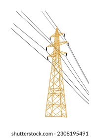 High voltage power line electric transmission tower vector silhouette illustration isolated on white. Electricity consumption production, distribution. Electric tower post pylon with cables. 5 G net.