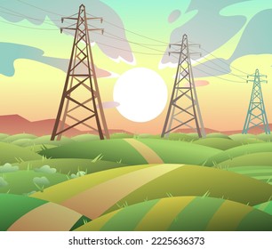 Hochspannungsleitung. Energieversorgung. Metallrahmen-Stangen unterstützen Drähte.Landschaft mit hügeligen Gemüsegärten und einer Landstraße. Cartoon Spaß Stil. Flaches Design. Vektorgrafik