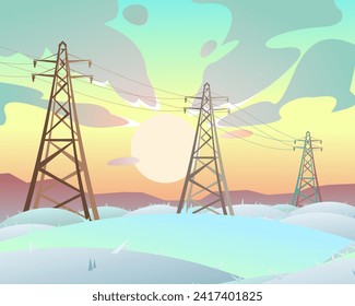 High voltage power line. Energy supply. Metal frame poles support wires. Winter snow landscape with snowdrifts and hills. Frost sunset. Cartoon fun style. Flat design. Vector