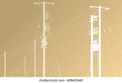 High voltage power line grid vector brown background