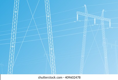 High voltage power line grid vector blue background