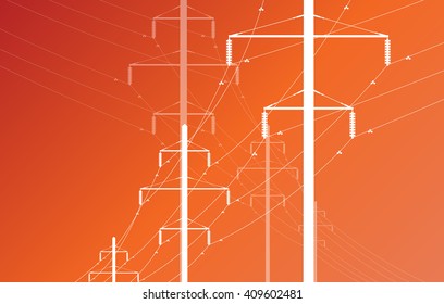 High Voltage Power Line Grid Vector Orange Background