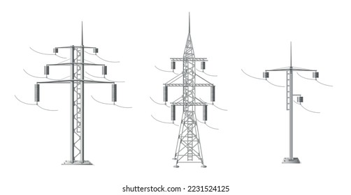 High voltage power line metal poles realistic set isolated on white background vector illustration